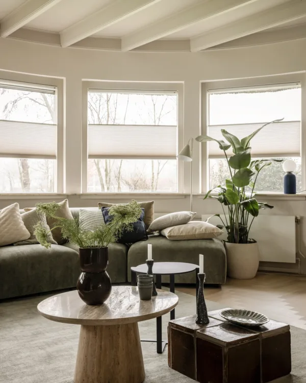 Ramen in de ronde vormen van het huis, voorzien van elektrische Duette® shades voor comfort en isolatie.