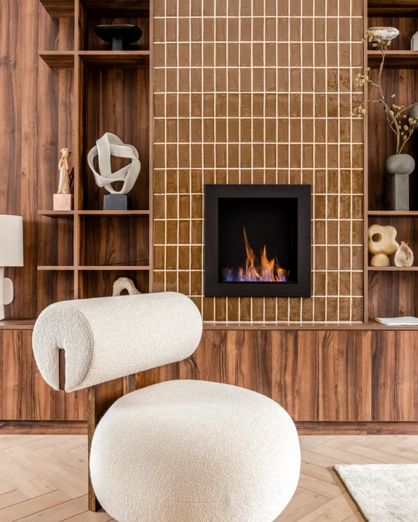 Elektrische haard inbouw in kast op maat Hotel chic stijl