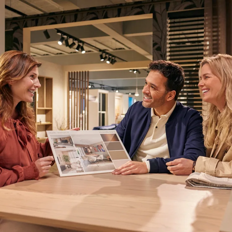 3 mensen aan tafel tijdens een interieuradvies met moodboard